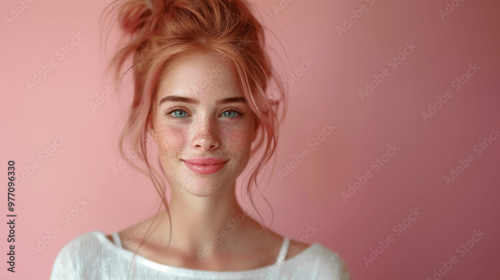 Portrait of a young woman with red hair, freckles, and blue eyes against a pink background