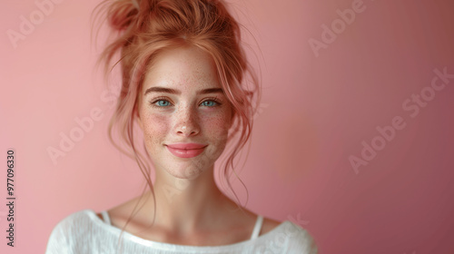 Portrait of a young woman with red hair, freckles, and blue eyes against a pink background