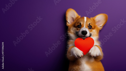 Smiling Corgi puppy hold red heart against soft background. Valentine’s Day or love theme. Cute pet and love concept for design and social media post photo