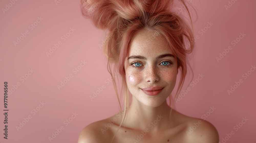 Smiling young woman with pink hair and freckles against soft pink background Smiling young woman with pink hair and freckles against soft pink background