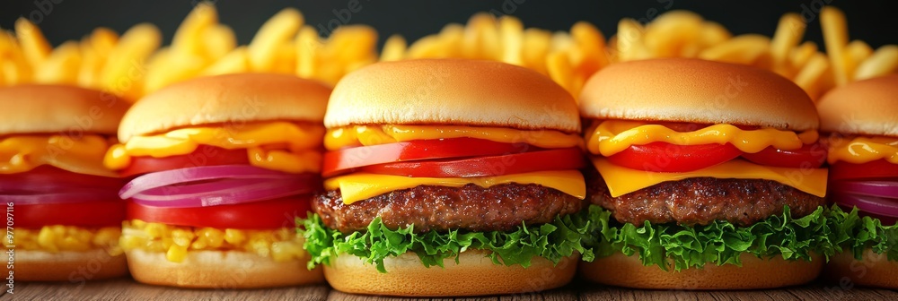 Φωτογραφία Delicious Cheeseburgers with Fresh Toppings and French Fries, Perfect for Food P