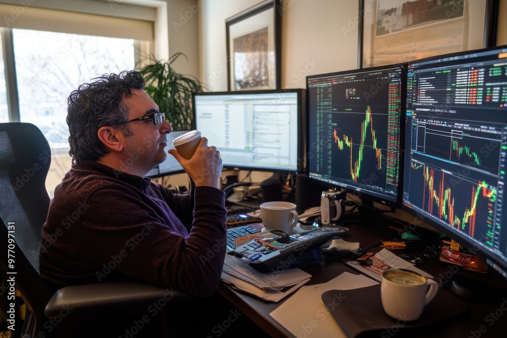Stock trader analyzing charts with coffee at desk Stock trader analyzing charts with coffee at desk