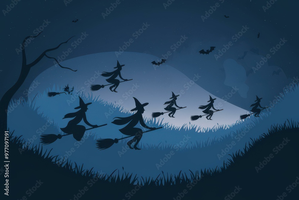 Whimsical Witches Flying on Brooms Under a Dark Blue Halloween Night Sky - Spooky Halloween Illustration Whimsical Witches Flying on Brooms Under a Dark Blue Halloween Night Sky - Spooky Halloween Illustration