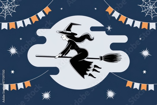 Playful Whimsical Halloween Witch on Broomstick Against Starry Night Sky - Fun Illustration for Event Promotion and Party Decorations photo