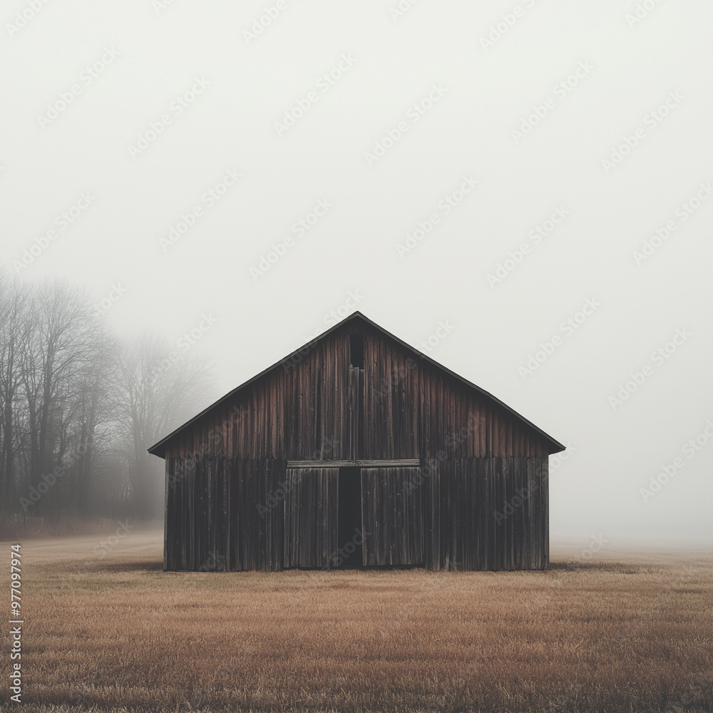 A weathered, wooden barn standing in a field covered with early morning fog. landscape is peaceful, with distant trees just visible through A weathered, wooden barn standing in a field covered with early morning fog. landscape is peaceful, with distant trees just visible through