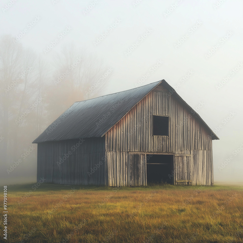 A weathered, wooden barn standing in a field covered with early morning fog. landscape is peaceful, with distant trees just visible through A weathered, wooden barn standing in a field covered with early morning fog. landscape is peaceful, with distant trees just visible through