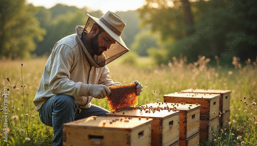 Beekeeper collecting honeycomb in a sunny, rural setting with space for text.
Beekeeper collecting honeycomb in a sunny, rural setting with space for text.