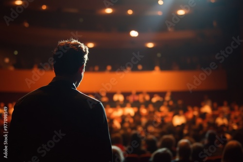 Speaker on stage addressing large audience