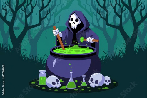 Spooky Skeleton Witch Brewing Green Potion in Dark Forest - Halloween Illustration for Festive Promotions and Events photo