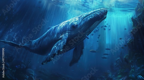 Ultrawide View of a Majestic Whale Diving Deep Into the Ocean's Depths Surrounded by Fish and Sunlight