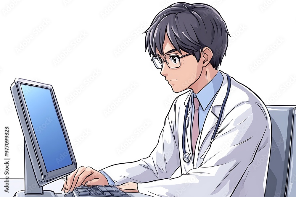 Male Doctor Working on Computer, Anime Style Illustration. Male Doctor Working on Computer, Anime Style Illustration.