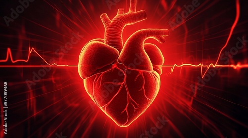 An anatomical diagram of a human heart with bright red pulse lines illustrating the flow of blood and heartbeat.