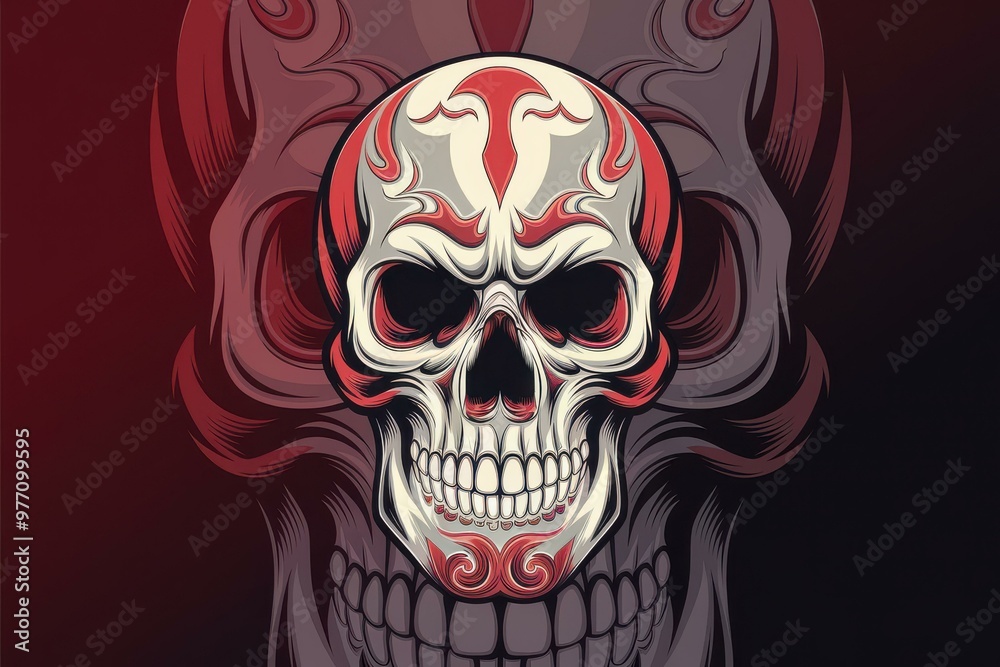 Edgy Skull Illustration with Red Flames on Dark Background - Unique Tattoo and Merchandise Design Edgy Skull Illustration with Red Flames on Dark Background - Unique Tattoo and Merchandise Design
