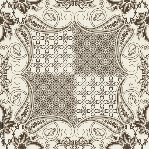 A decorative pattern featuring intricate floral and geometric designs in a symmetrical layout.