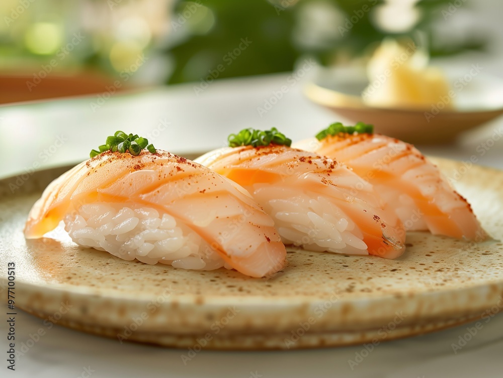 Traditional Hokkigai Nigiri, surf clam sushi on rice, close up photo with light background Traditional Hokkigai Nigiri, surf clam sushi on rice, close up photo with light background