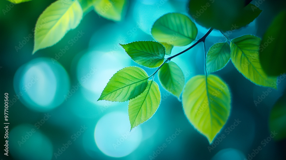 Green leaves illuminated by soft sunlight in a tranquil forest setting during the morning Green leaves illuminated by soft sunlight in a tranquil forest setting during the morning