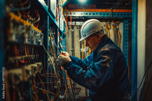 Professional electrician man works in a switchboard with an electrical connecting cable, Electrician repairing