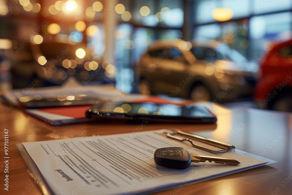 Car Purchase Contract with Key on Table in Modern Dealership, Symbolizing New Vehicle Ownership Car Purchase Contract with Key on Table in Modern Dealership, Symbolizing New Vehicle Ownership