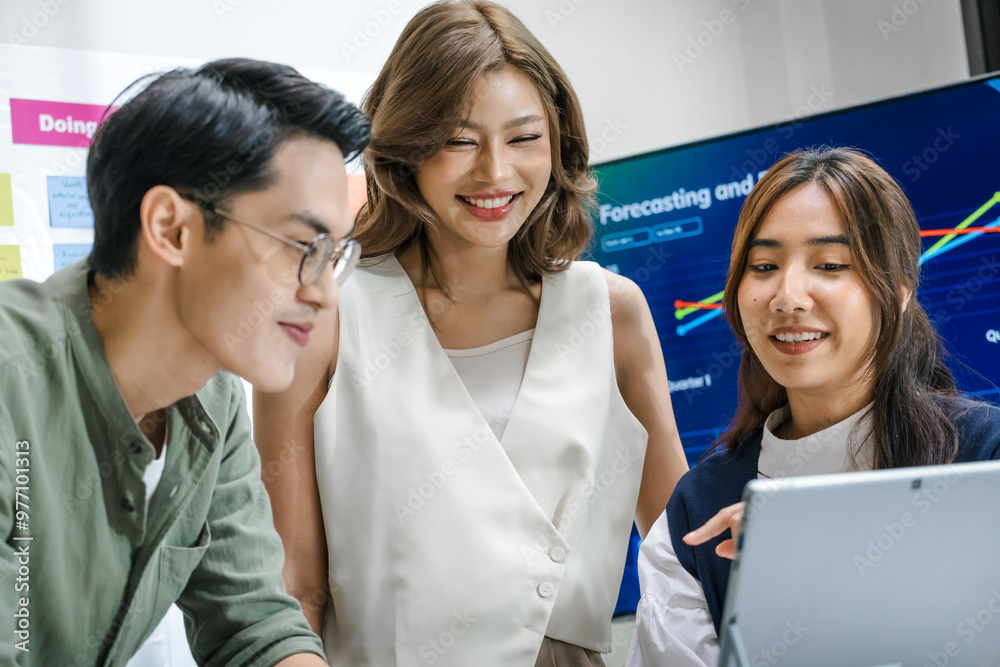 team of financial discussion business planning, analyzing digital financial data and strategy in a modern office