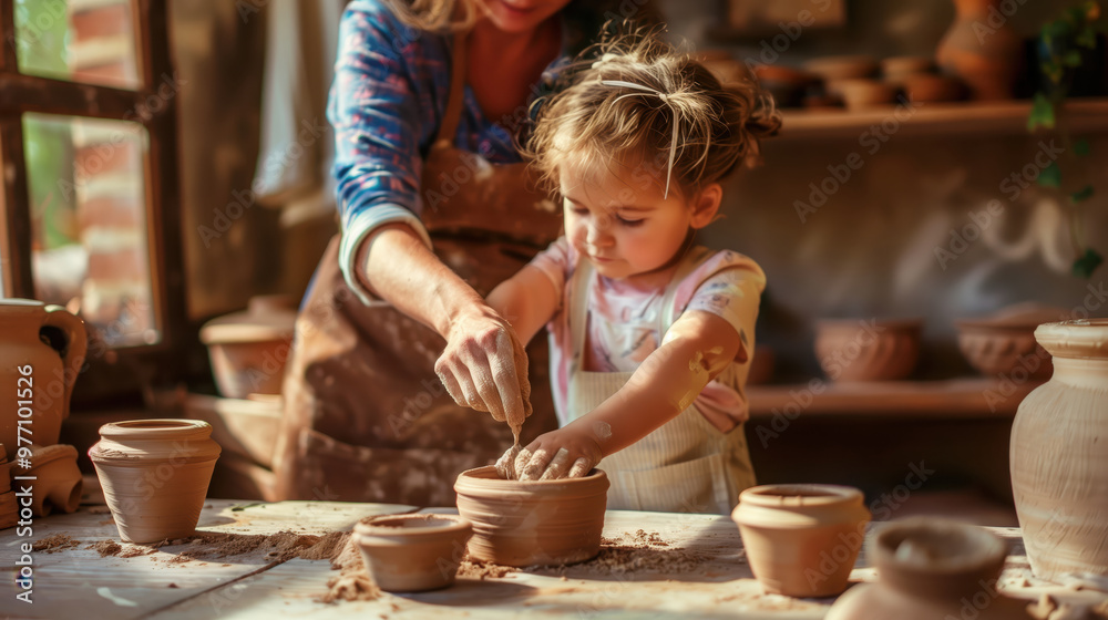 Child and Adult Bonding While Making Traditional Pottery Together in a Cozy Workshop Setting Child and Adult Bonding While Making Traditional Pottery Together in a Cozy Workshop Setting