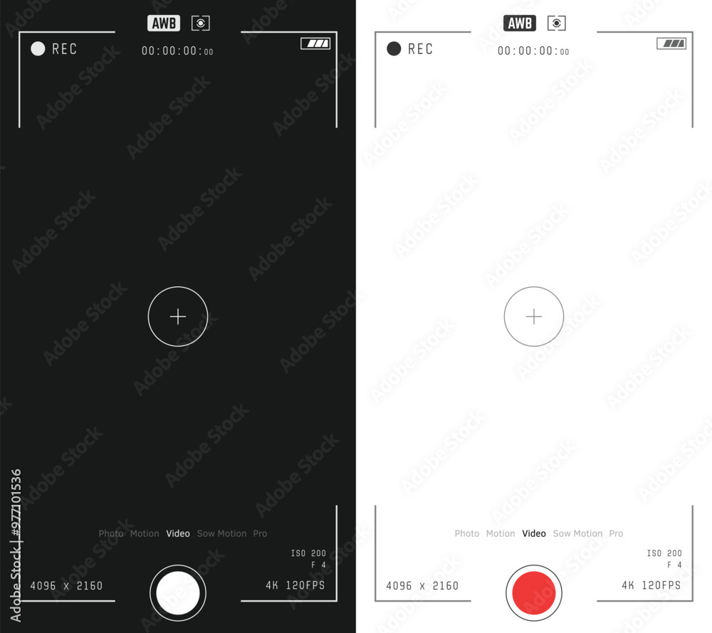 Phone video and photo camera vertical overlay. 16:9 template. Full hd or 4k format for smart phone. Camera frame vector template. Black lines and text on white, and white lines on black background. Phone video and photo camera vertical overlay. 16:9 template. Full hd or 4k format for smart phone. Camera frame vector template. Black lines and text on white, and white lines on black background.