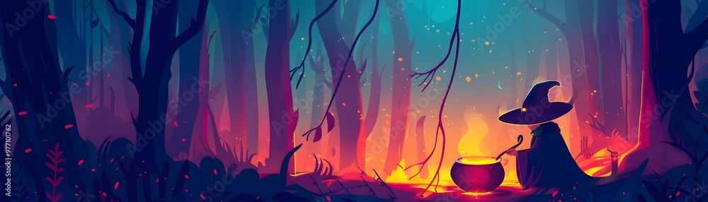 A mystical scene of a witch stirring a cauldron in an enchanted forest, illuminated by vibrant, magical colors. A mystical scene of a witch stirring a cauldron in an enchanted forest, illuminated by vibrant, magical colors.