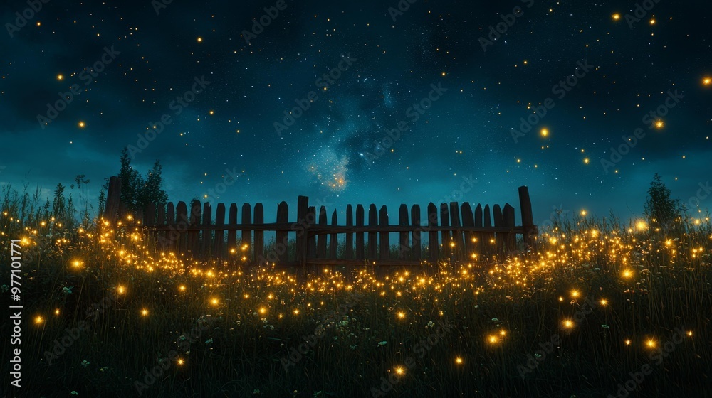 Night Sky with Fireflies and Wooden Fence Generative AI Night Sky with Fireflies and Wooden Fence Generative AI