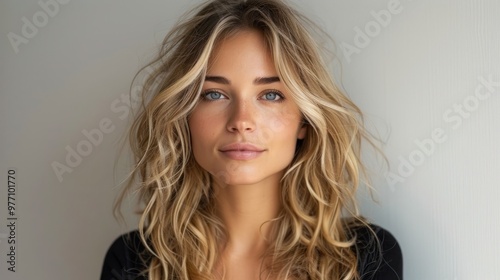 A captivating young woman with flowing blonde hair and striking blue eyes posed against a neutral background in natural light. Generative AI