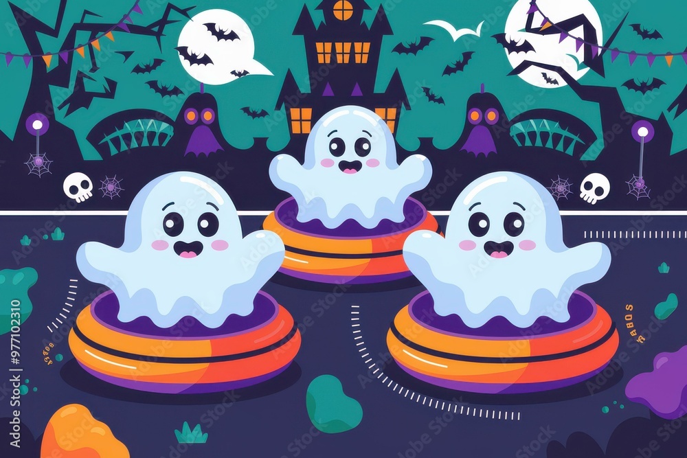 Obraz premium Whimsical Cute Cartoon Ghosts on Colorful Inflatable Rings - Fun Halloween Party Illustration for Kids and Celebrations
