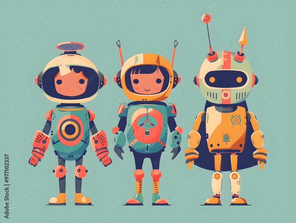 A playful illustration featuring three colorful robots, perfect for children's themes and futuristic concepts. A playful illustration featuring three colorful robots, perfect for children's themes and futuristic concepts.