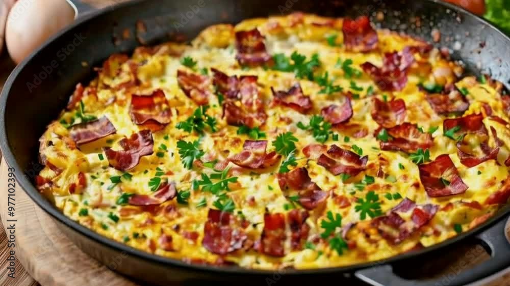 Frittata made of eggs, potato, bacon, paprika, parsley, onion, cheese in iron pan. on wooden table, High quality HD 4K video clips pizza, food, cheese, italian, tomato, dinner, meal, isolated, mozzare Frittata made of eggs, potato, bacon, paprika, parsley, onion, cheese in iron pan. on wooden table, High quality HD 4K video clips pizza, food, cheese, italian, tomato, dinner, meal, isolated, mozzare