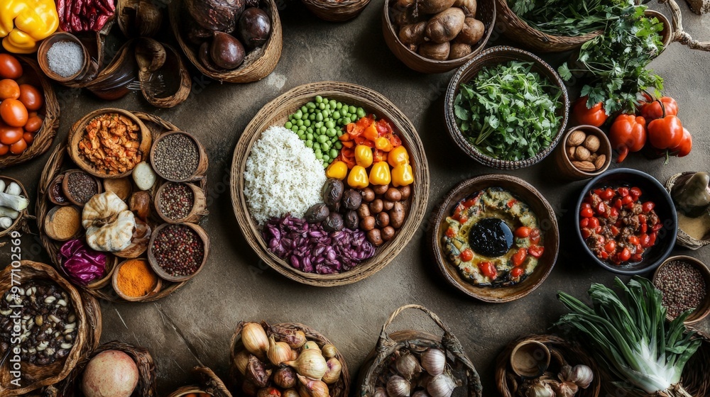 An artful display of traditional dishes from Africa, Europe, and the Americas, featuring intricate plating and diverse ingredients representing each culinary heritage. An artful display of traditional dishes from Africa, Europe, and the Americas, featuring intricate plating and diverse ingredients representing each culinary heritage.