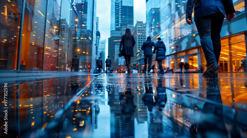 Wallpaper Mural People walking through a modern city street after rain with reflections on the sidewalk Torontodigital.ca