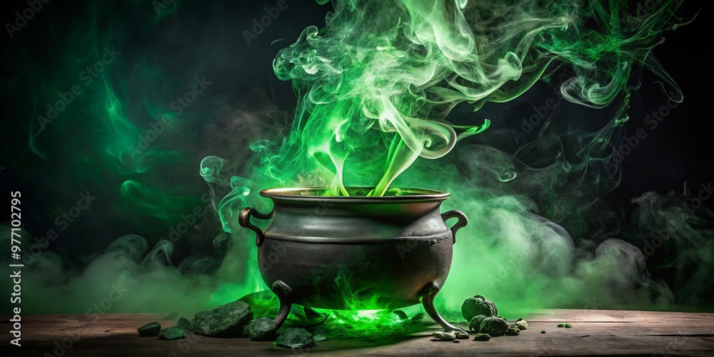 A cauldron of mystery brews, its contents churning with an otherworldly intensity, surrounded by an eerie green haze A cauldron of mystery brews, its contents churning with an otherworldly intensity, surrounded by an eerie green haze