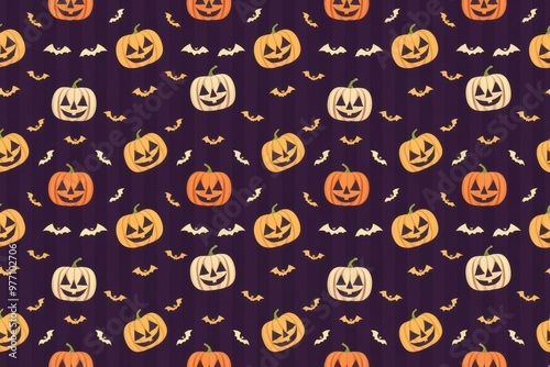 Colorful Halloween Pumpkin and Bat Pattern on Dark Purple Background 