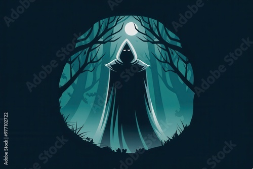 Mysterious Hooded Figure in Dark Forest with Moonlight - Halloween spooky illustration for events and promotions photo