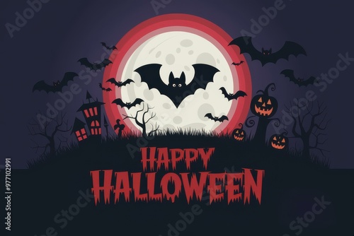 Spooky Halloween Scene with Bats, Pumpkins, and Full Moon