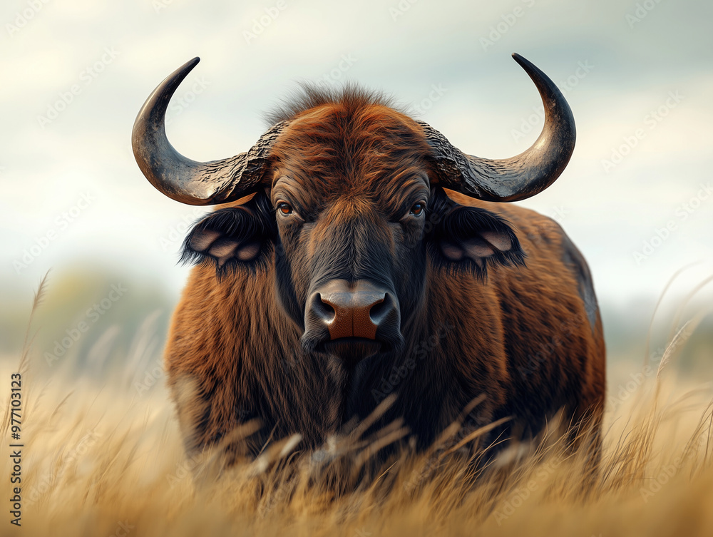 African Buffalo, Syncerus caffer, in the African savannah with a day backdrop African Buffalo, Syncerus caffer, in the African savannah with a day backdrop