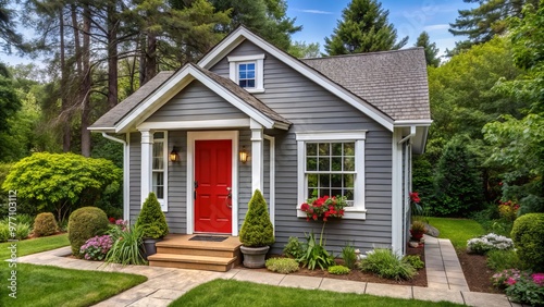 A charming cottage features gray clapboard siding, crisp white trim, and a bold red front door surrounded by