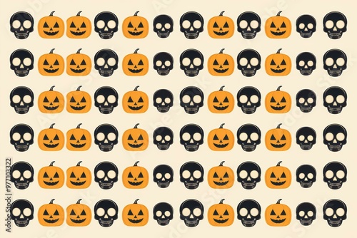 Halloween Pattern with Pumpkins and Skulls on Cream Background photo