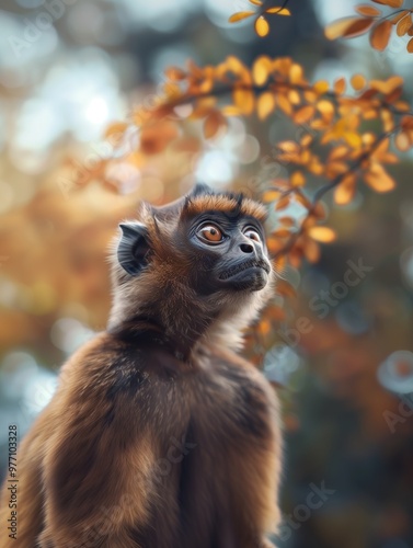 Wild Gray bellied Night Monkey in Tropical Forest photo