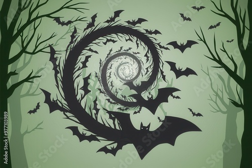 Spooky Swirling Bats on Green Background - Eerie Halloween Graphic Design for Seasonal Promotions photo