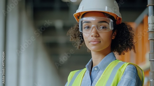 Capture an inspiring image of a woman in a hard hat and safety vest, collaborating with her team on a complex construction project, emphasizing teamwork and leadership photo