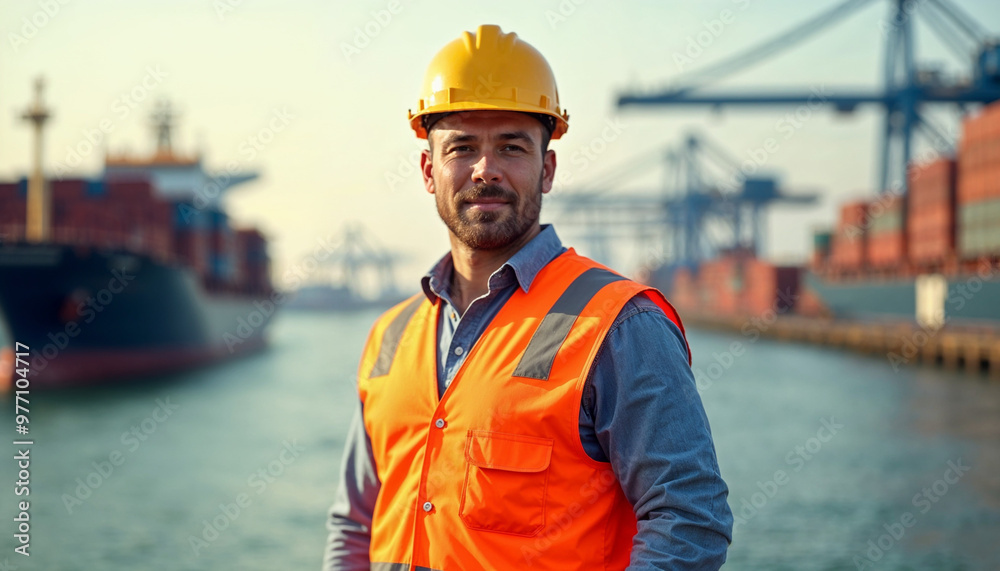 Portrait of a seaport worker in high-visibility vest and hard hat, set against a blurred harbor backdrop.
Portrait of a seaport worker in high-visibility vest and hard hat, set against a blurred harbor backdrop.