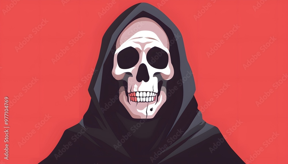 A striking illustration of a skull in a dark cloak against a vibrant red background, evoking themes of death and mystery. A striking illustration of a skull in a dark cloak against a vibrant red background, evoking themes of death and mystery.