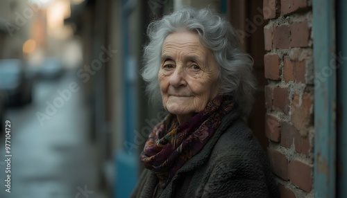 Homeless Caucasian old woman on the streets portrait photo