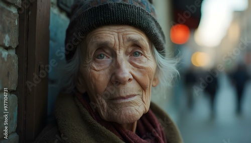 Homeless Caucasian old woman on the streets portrait photo