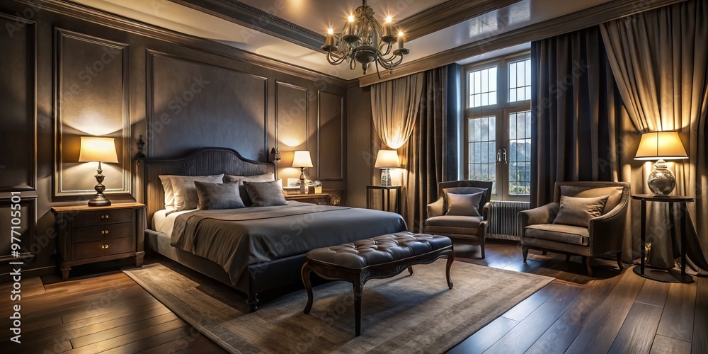 A dimly lit bedroom with dark curtains and furniture, creating an atmospheric and intimate space A dimly lit bedroom with dark curtains and furniture, creating an atmospheric and intimate space