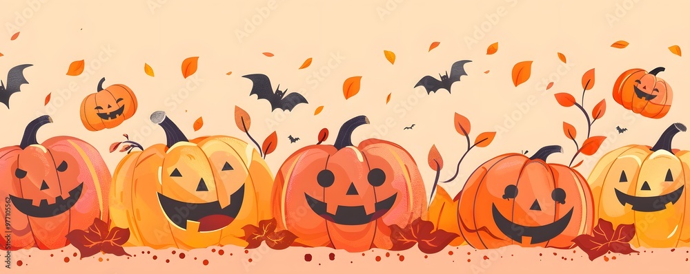 A vibrant Halloween scene featuring carved pumpkins, autumn leaves, and playful bats, perfect for festive decorations.
