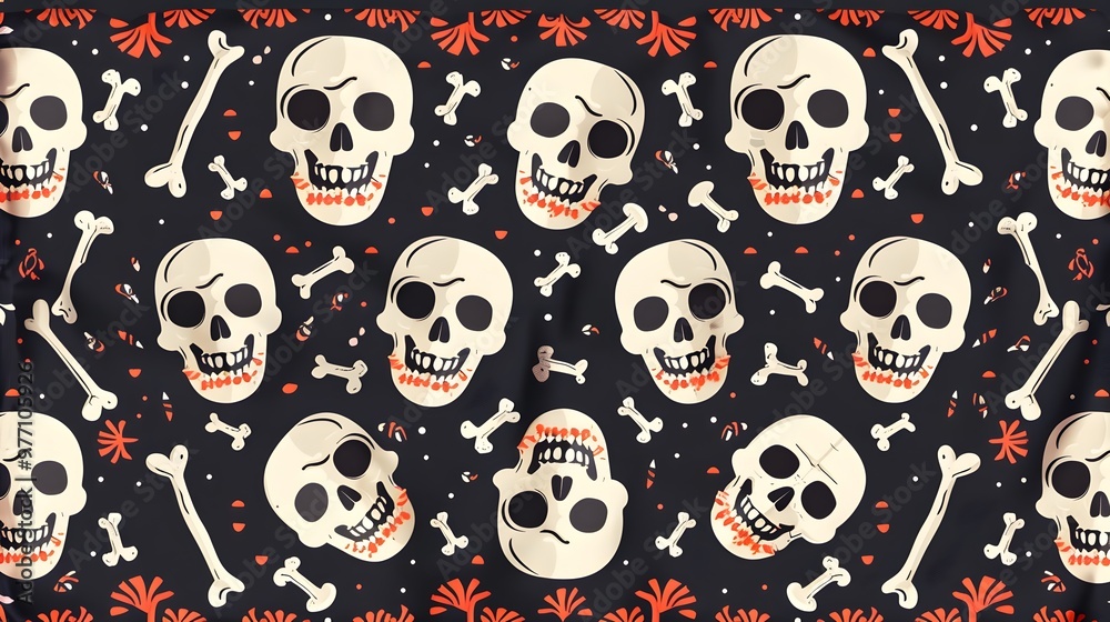 A vibrant pattern featuring playful skulls and bones, perfect for Halloween or quirky design projects. A vibrant pattern featuring playful skulls and bones, perfect for Halloween or quirky design projects.